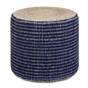 Larissa Boho Round Braided Pouf in Natural and Blue Jute