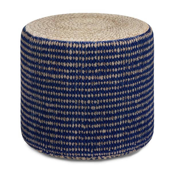 Simpli Home Larissa Boho Round Braided Pouf in Natural and Blue Jute
