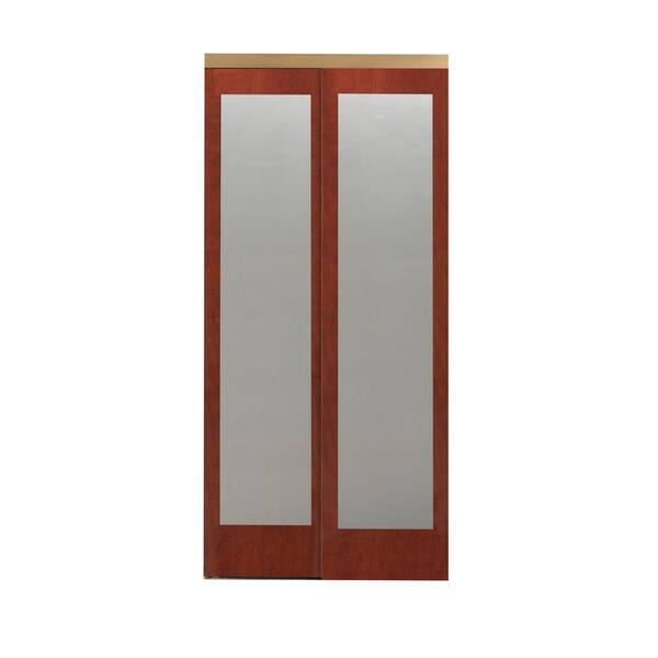 Impact Plus 42 in. x 84 in. Mir-Mel Mirror Cherry Solid Core MDF Interior Closet Sliding Door with Gold Trim