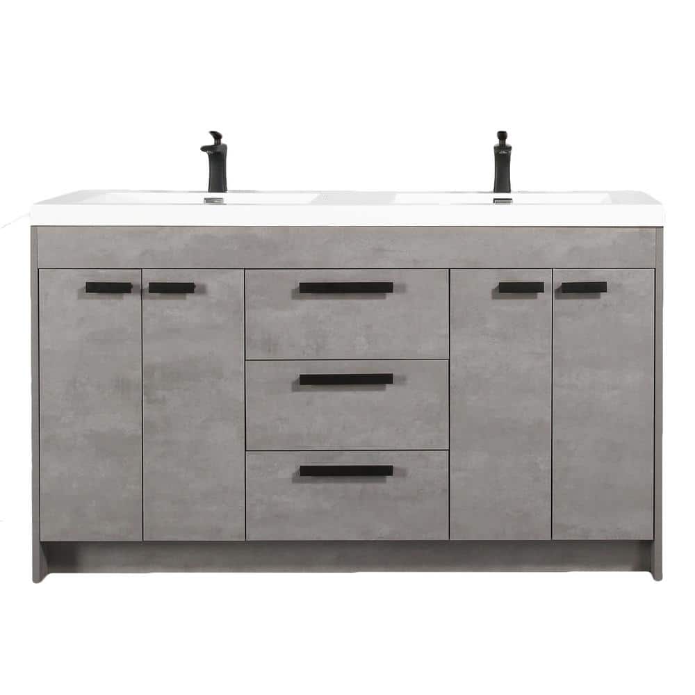 Cement Grey Double Sink Freestanding Bathroom Vanity with Acrylic Top