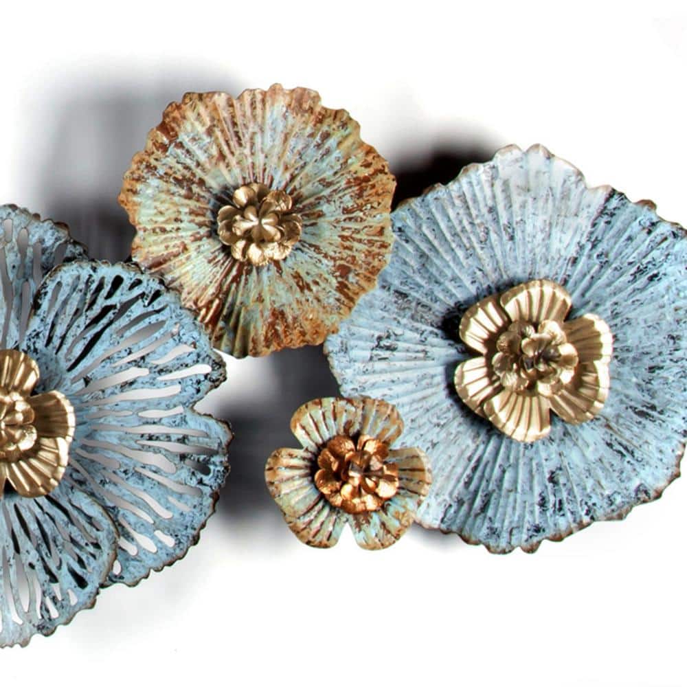 Distressed Blue and Gold Floral Iron Wall Sculpture