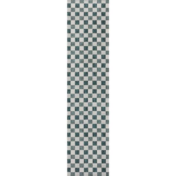 Aimee Turquoise/Cream 2 ft. x 8 ft. Traditional Cottage Checkerboard Indoor/Outdoor Runner Rug