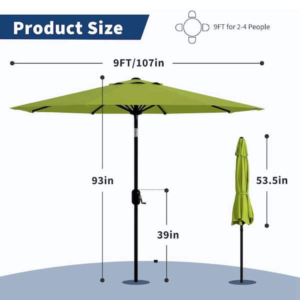 dimensions of 9 ft patio umbrella Garvee 9 ft. Patio Umbrella, Waterproof and UV Protection Round Market Umbrella in Green with Crank Lift and Tilt