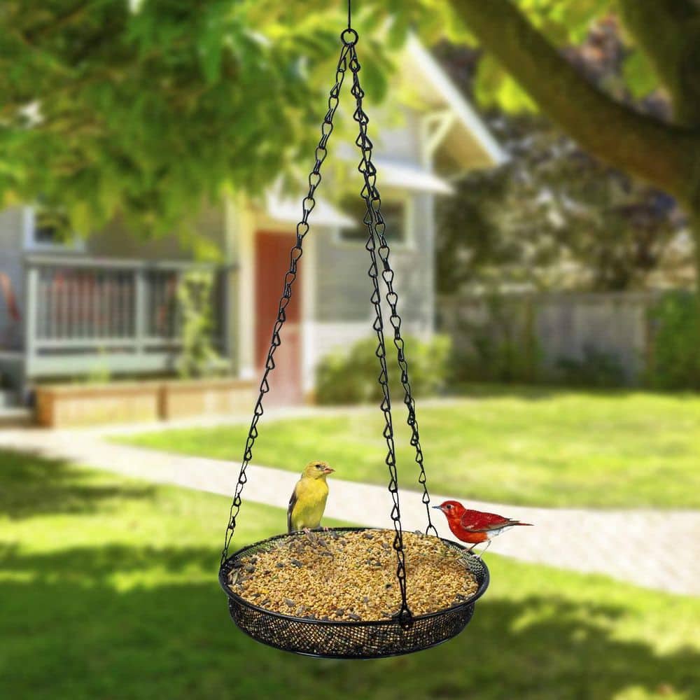 Black Metal Hanging Bird Feeder Tray with Chain
