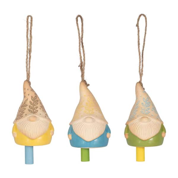 Multi-Colored 7 in. Ceramic Gnome Bells with Carved Leaf Design (Set of 3)