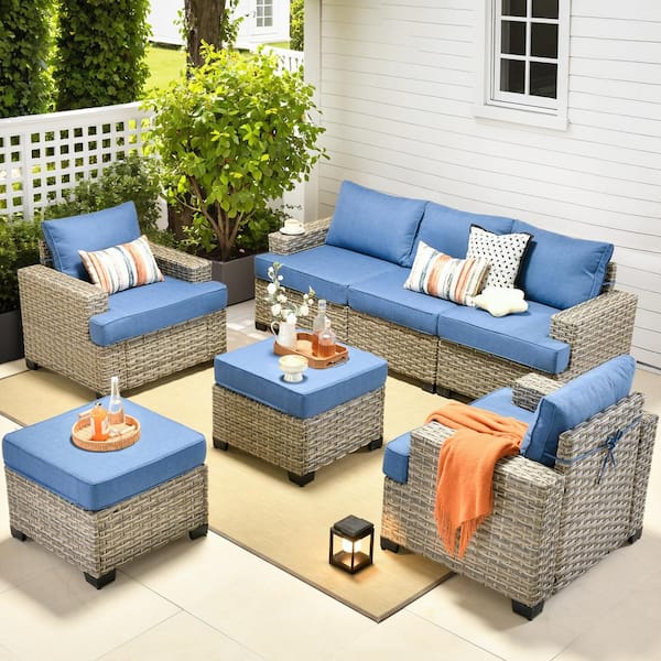 OVIOS Tiberte Gray 7-Piece Wicker Patio Conversation Seating Set with Diamond Blue Cushions