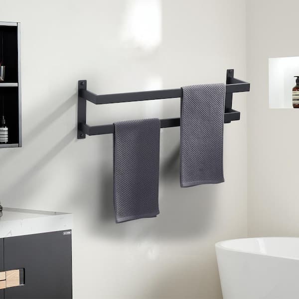 24 in. Square Double Staggered Wall Mounted Towel Rack, Stainless Steel Towel Bars in Matte Black