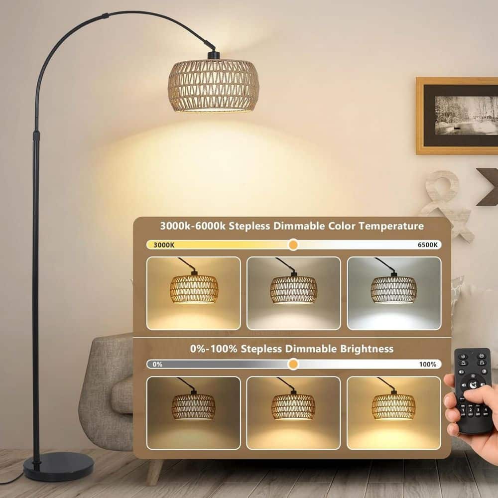 Modern 72.8 in. Brown+Black Boho 1-Light Smart Dimmable Arc Floor Lamp for Living Room with Rattan Fabric Double Shade price history on PriceWatchPro