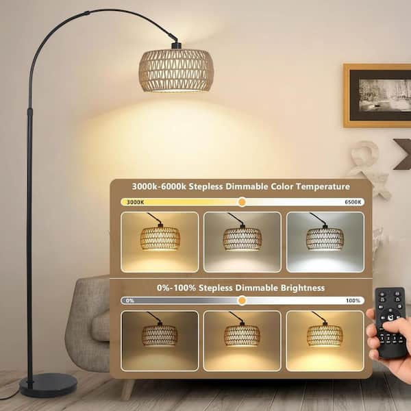 Modern 72.8 in. Brown+Black Boho 1-Light Smart Dimmable Arc Floor Lamp for Living Room with Rattan Fabric Double Shade