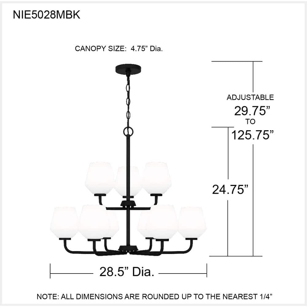 Matte Black 9-Light Chandelier with Opal Glass Shades