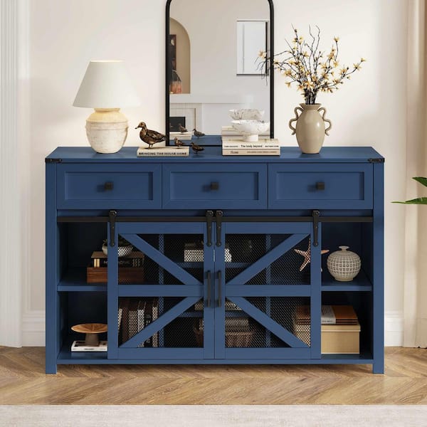 Navy Blue Particle Board Wood Buffet with 3 Drawers, Adjustable Shelves and Aluminum Handles