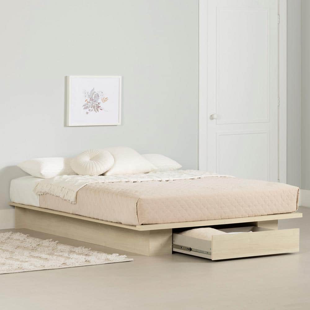 Bleached Oak Full Size Platform Bed with Drawer
