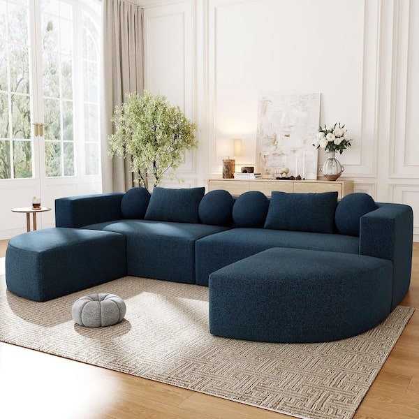 Free-combined 114.9 in. Boucle Fabric Upholstered Modular Sectional Sofa in Blue with Ottomans, Pillows
