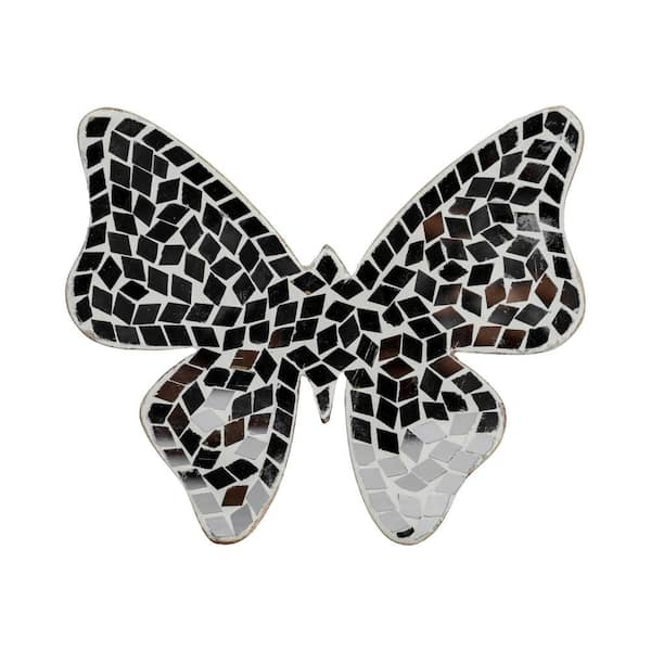 Liv & Skye 6 in. x 5 in. White Mango Wood and Glass Butterfly Figurine with Mosaic Detailing