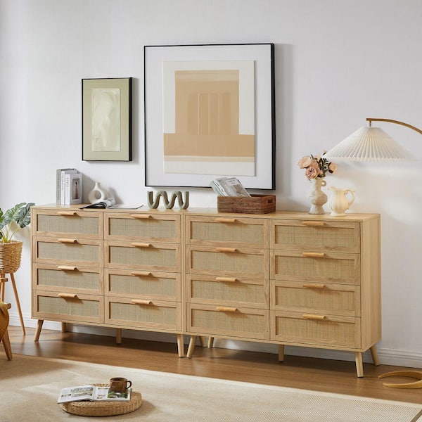 Unbranded 47 in. W x 16 in. D x 37 in. H Beige Linen Cabinet, Bedroom  Dresser, 8-Double Dresser with Rattan Drawers, Wood Chest LM-W1162P190402