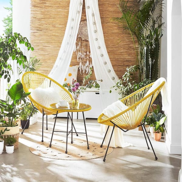 Unbranded Yellow 3-Piece Metal Outdoor Bistro Set with Glass Top Table and 2 Chairs