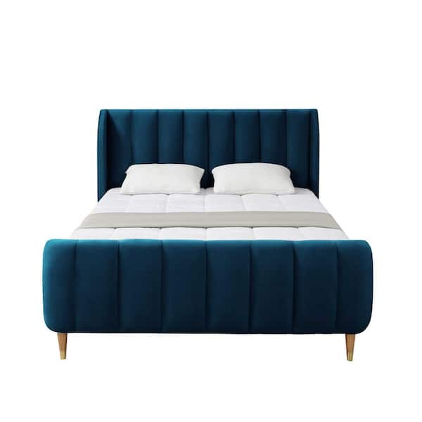 Loft Lyfe Eleazer Navy Queen Size Platform Bed Upholstered Velvet