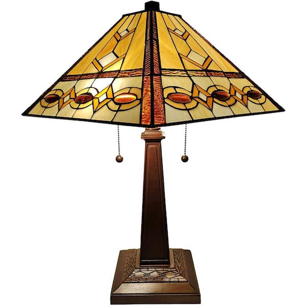 Amora Lighting Tiffany 22 in. Brown and Tan Table Lamp with Stained Glass Shade and Banker Base