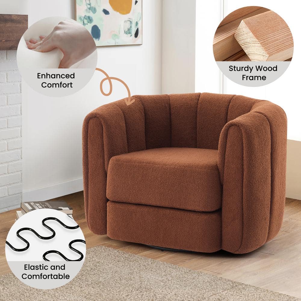 Burnt Orange Teddy Fabric Swivel Barrel Accent Chair with Wood Frame
