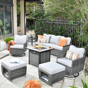 Fortune Dark Gray 7-Piece Wicker Patio Fire Pit Conversation Set with Gray Cushions and Swivel Chairs