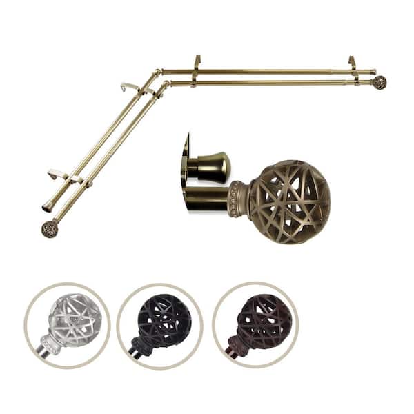 EMOH 13/16" Dia Adjustable Corner Window Double Curtain Rod 28 to 48" (each side) in Antique Brass with London Finials