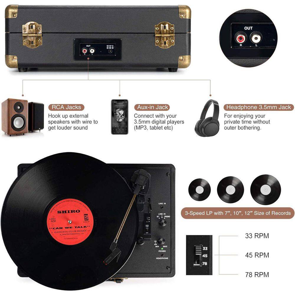 Vintage Black Portable Suitcase Record Player with Built-In Speakers
