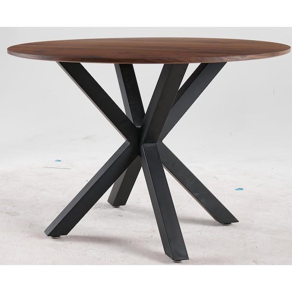 Zeus & Ruta 42 in. x 42 in. x 29 in. Black Frame Wood Color Top Round Dining Table For 4-6 People With Cross Leg for Dining Room