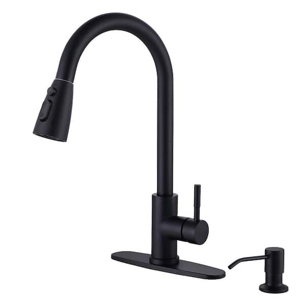 WOWOW Single Handle Pull-Down Sprayer Kitchen Faucet with Side Soap Dispencer in Matte Black