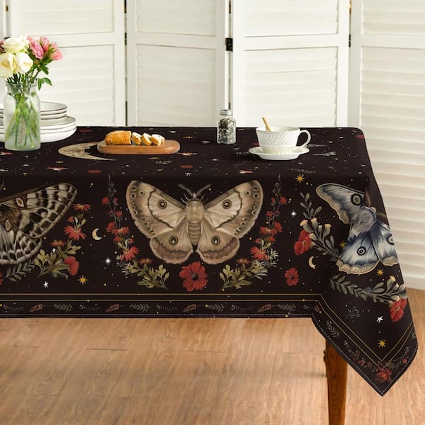60 x 84 in Rectangular Tablecloth, Butterfly Moon Star Gothic Print, Black Washable Polyester Table Cover for Dining, Pa