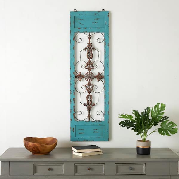 Litton Lane 14 in. x  47 in. Wood Teal Arabesque Scroll Wall Decor with Metal Fleur De Lis Relief