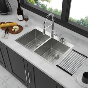33 in. Drop-In Double Bowl (50/50) 16-Gauge Brushed Nickel Stainless Steel Kitchen Sink with Bottom Grids