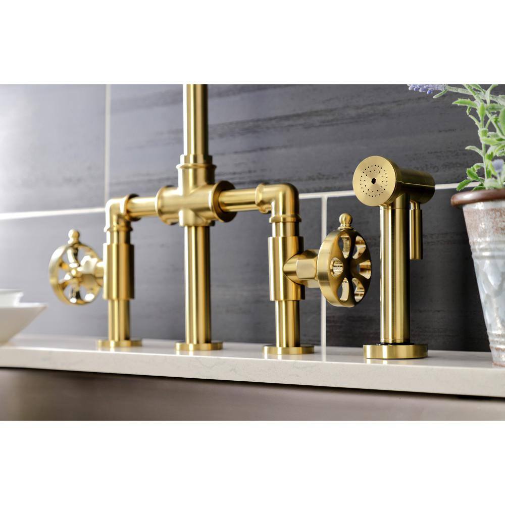 Brushed Brass Industrial Bridge Kitchen Faucet with Side Sprayer