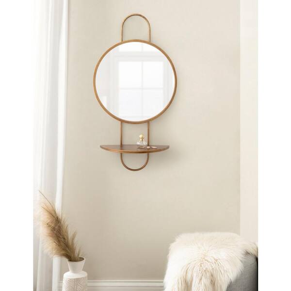 Hollow Modern Walnut Wall Mirror with Shelf and Hooks