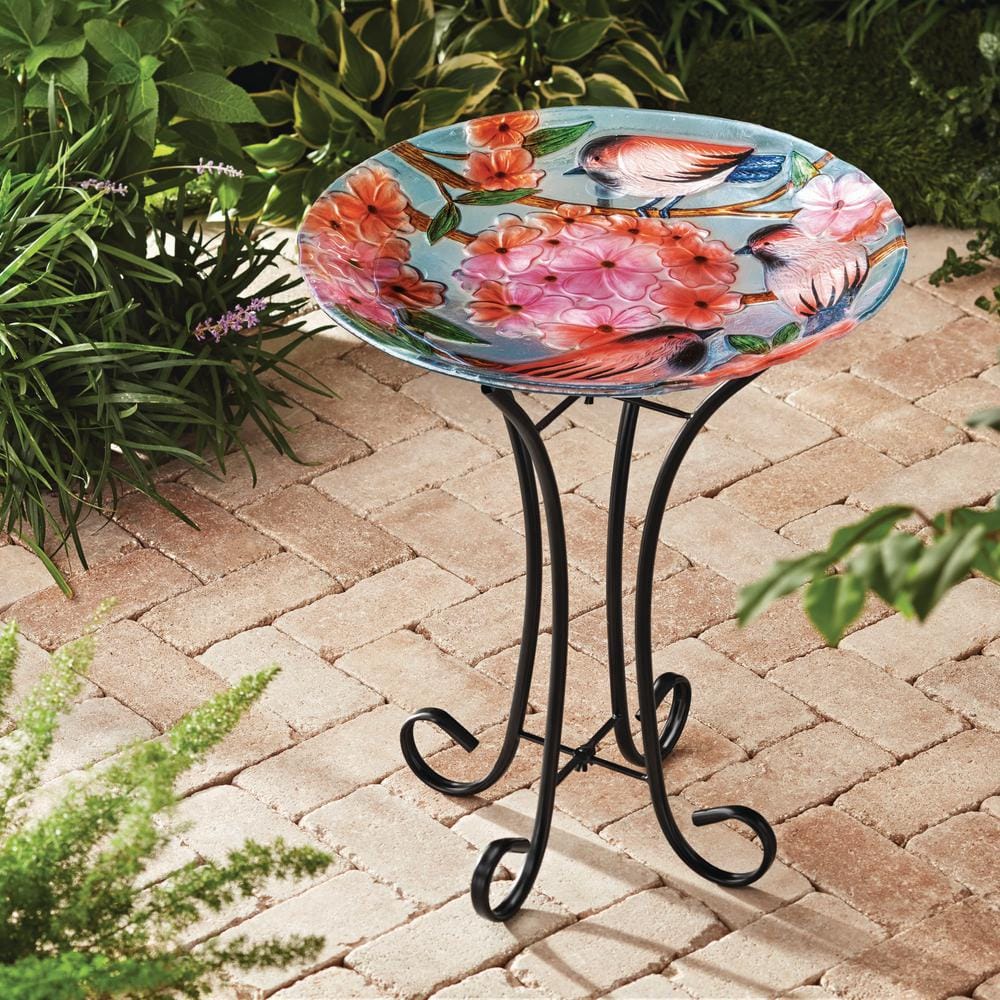 17.8" Multicolor Glass Birdbath with Metal Stand