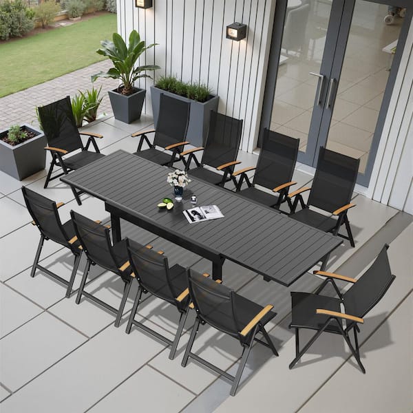 Black 11-Piece Aluminum Outdoor Dining Set with Expandable Rectangle 106.2 in. Table and Folding Reclining Chairs