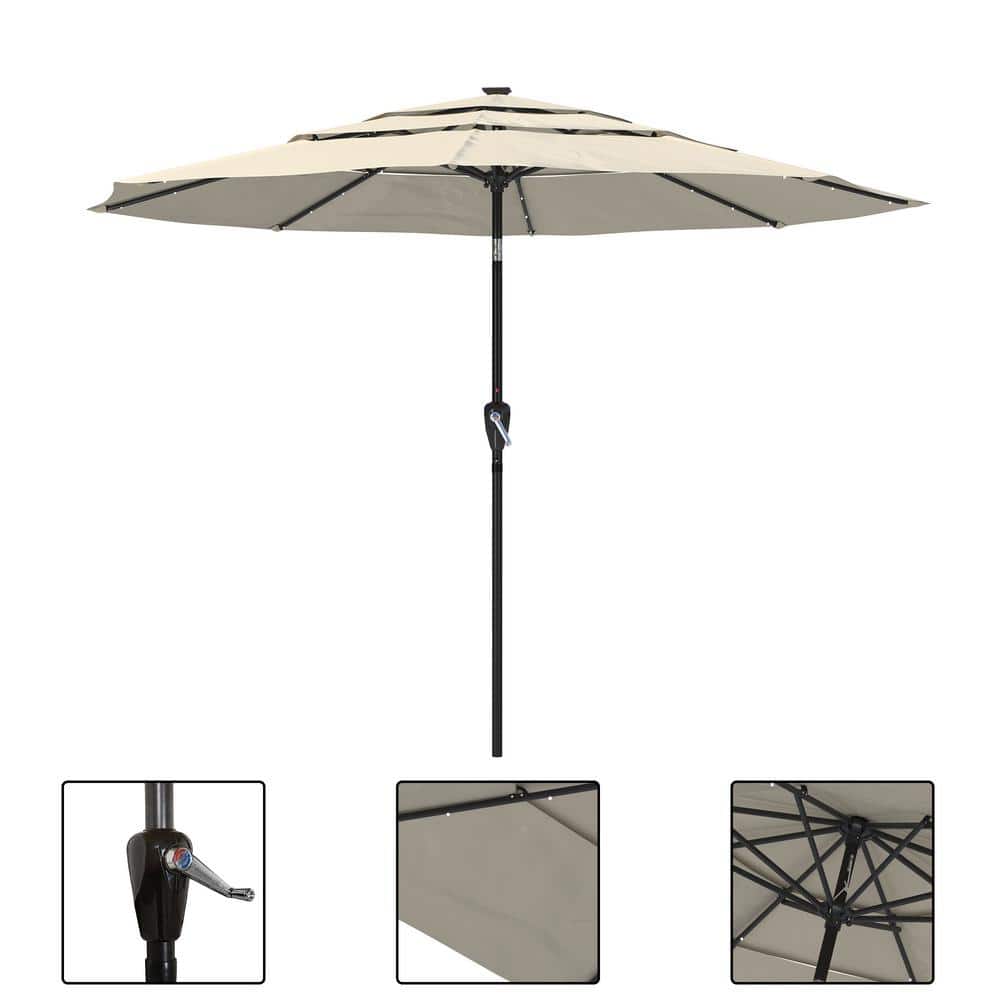 11 ft Tan Aluminum Market Patio Umbrella with LED Lights