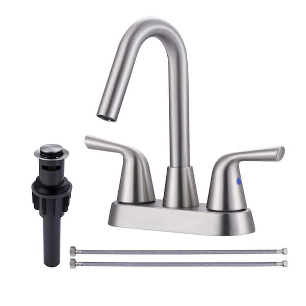 ALEASHA 4 in. Centerset Double Handle High Arc Bathroom Faucet with Drain Kit Included in Brushed Nickel
