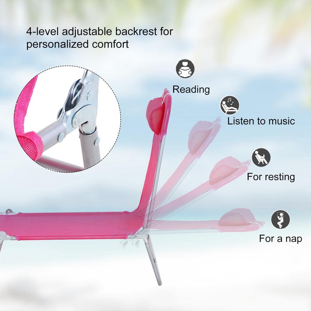 Outsunny Portable Mesh Chaise Lounge Chair, 5-Position Reclining, Pink & Silver
