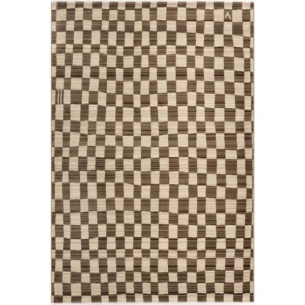 Dominique Abstract Checkered Fringe Area Brown 5 ft. x 8 ft. Indoor Area Rug