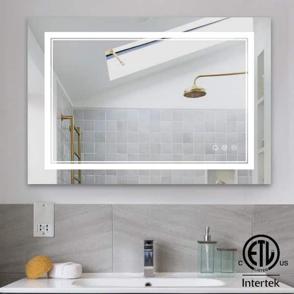 Elevatehome 40 in. W x 24 in. H Bright Rectangular Frameless Anti-Fog LED Light Wall Bathroom Vanity Mirror in Tempered Glass