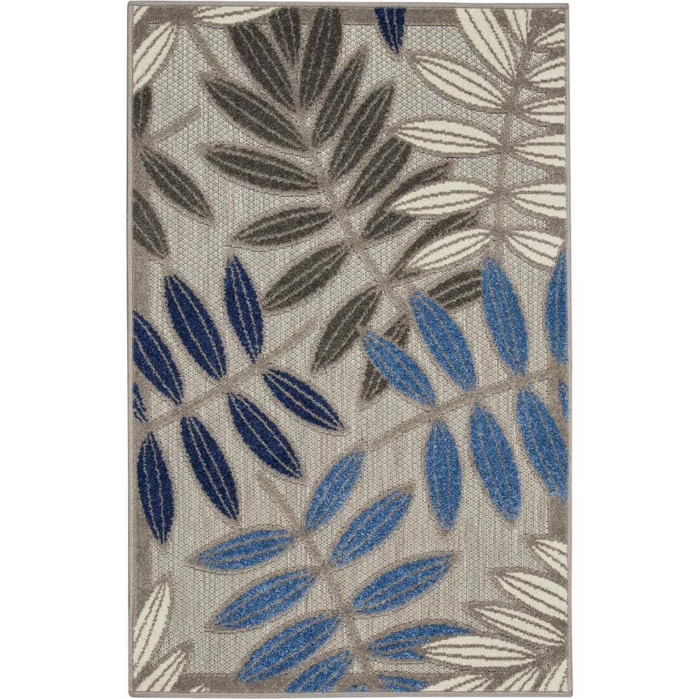 Lively Leaf Design 32" Round Blue/Grey Synthetic Area Rug