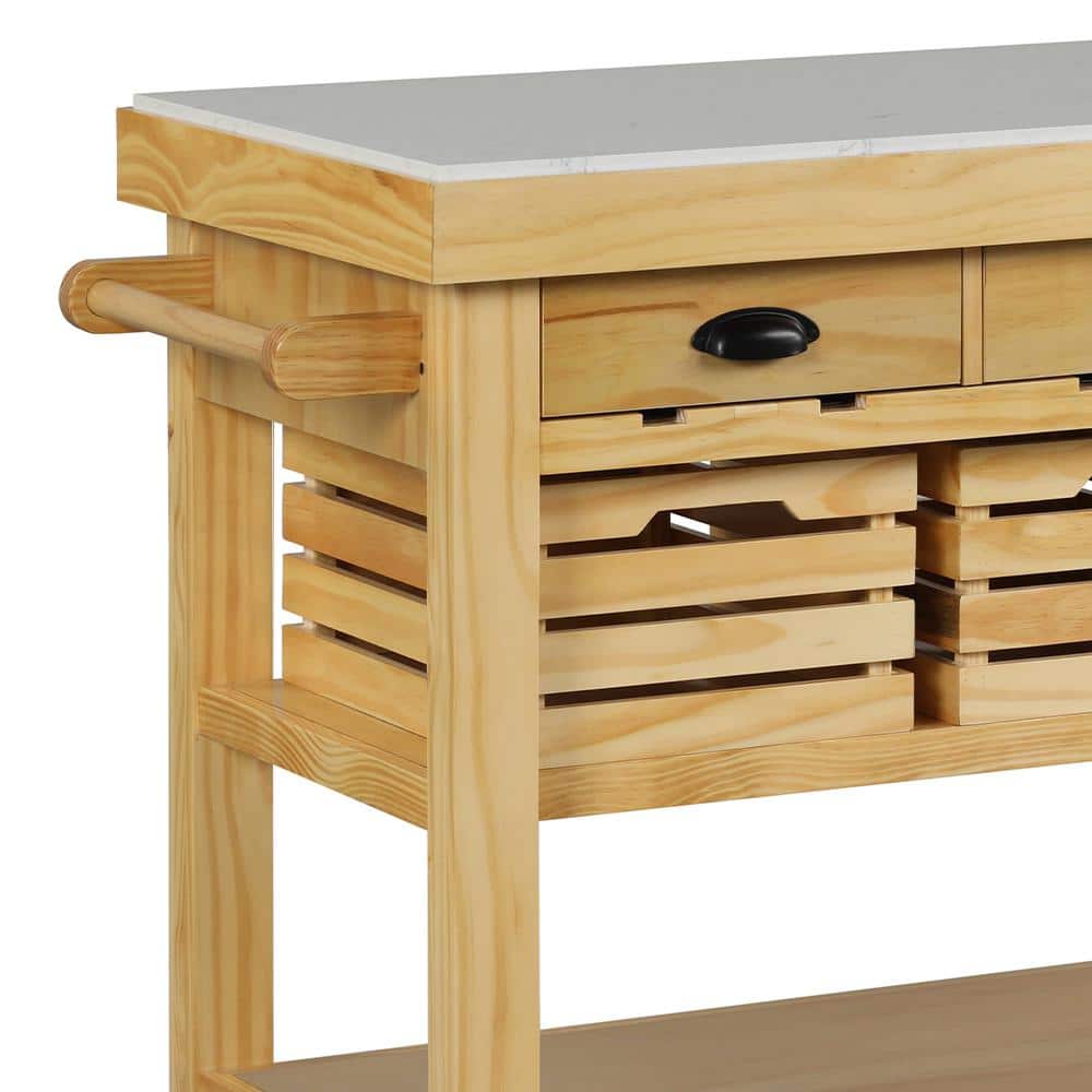Natural Pine Kitchen Island with Marble Top and Storage