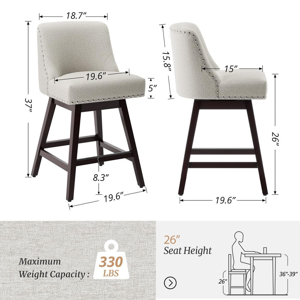 Zoi 26" Oyster Gray Wood Swivel Counter Stools, Set of 3