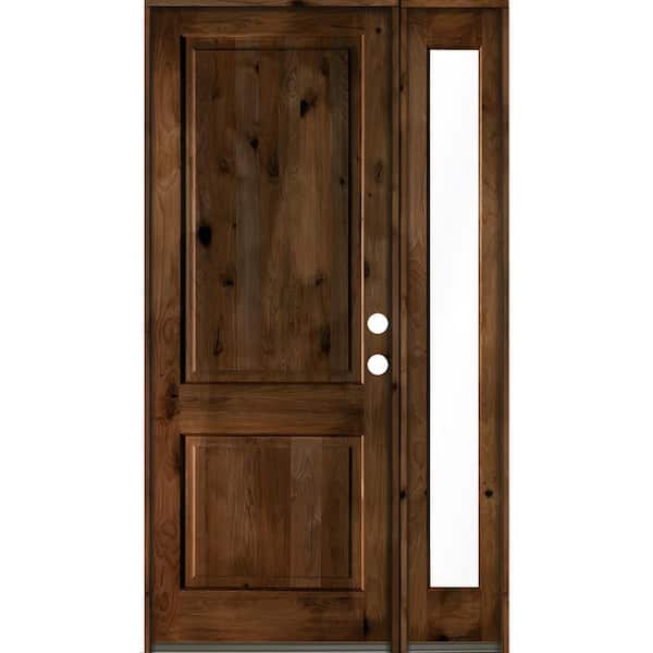 Krosswood Doors 56 in. x 96 in. knotty alder Left-Hand/Inswing Clear Glass Provincial Stain Square Top Wood Prehung Front Door w/RFSL