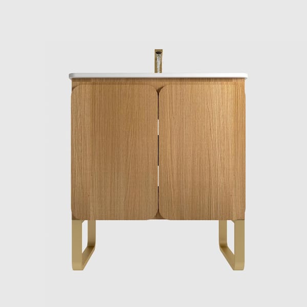 JimsMaison 30 in. W x 18 in. D x 34 in. H Single Sink Freestanding Bath Vanity in Light Oak with White Ceramic Top