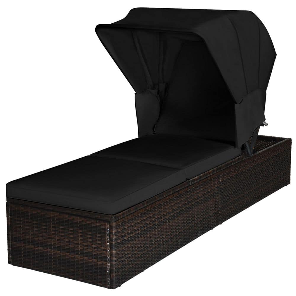 Wicker Outdoor Chaise Lounge Chair with Adjustable Canopy Black Cushion Patio Lounge Chair
