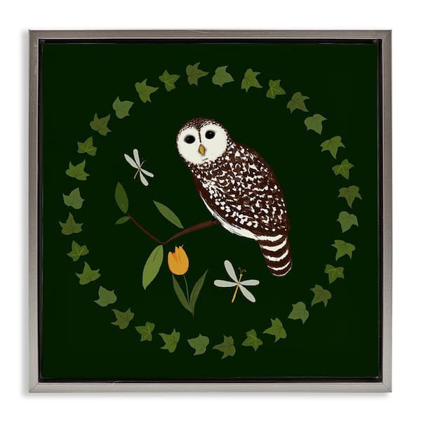Stupell Industries Owl & Tulip Wreath by Michelle Ingari Designs Gray Floater Frame Animal Graphic Art Print 18 in. x 18 in.