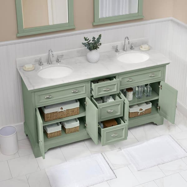 Sadie 67 in. W x 21.5 in. D Vanity in Antique Light Cyan with Marble Vanity Top in Natural White with White Sinks