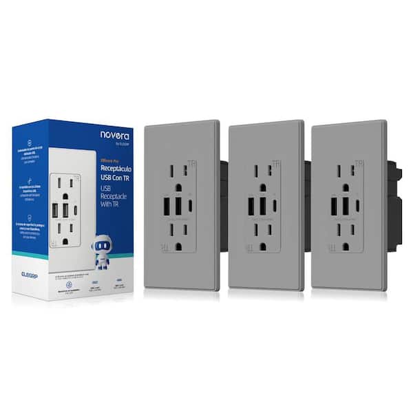 30W 6.0 Amp 3-Port USB Wall Outlet 15A Duplex Receptacle with Dual USB Ports, w/ Srewless Wall Plate, Matte Grey 3-Piece