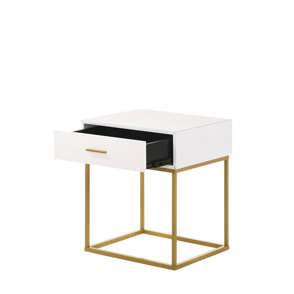 Catalina Mid-Century Modern White Rubberwood 1-Drawer Nightstand with Gold Legs